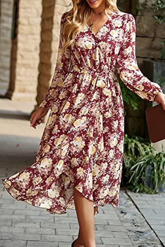 Image of PRETTYGARDEN Women's Floral Boho Dress Fall Long Sleeve Wrap V Neck Ruffle Flowy Maxi Spring Wedding Guest Vacation Dresses