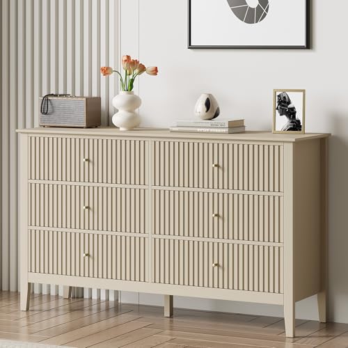 RoyalCraft Beige 6 Drawer Dresser, Fluted Modern Wood Chest of Drawers, Long Dresser for Bedroom TV...
