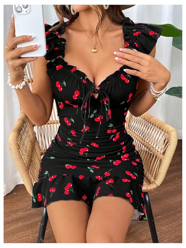 Image of MakeMeChic Women's Cherry Print Ruffle Sleeve Bodycon Dress