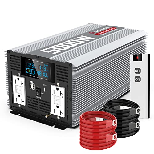 5000 Watt Inverter Pure Sine Wave Power Inverter Converts 12V DV to 110 / 120V AC with 4 GFCI AC Sockets,1 Type-C Port,2 USB Ports,LCD Display,Remote Control for Home RV Solar Car Emergency Off Grid