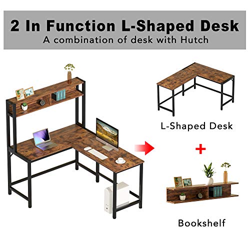 L-Shaped Desk with Hutch, 55 Inch Corner Computer Desk Gaming Table Workstation with Storage Shelves Bookshelf, Study Writing Space Saving Desk for Home Office (Rustic)