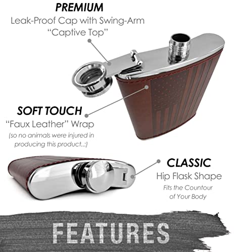 American Flag Flask - 8 Oz Premium Soft Touch Leather Wrap | 304 Highest Food Grade Stainless Steel | Leak Proof Slim Hip Flasks | Classic American Flag Design | Bonus Funnel #TOP1