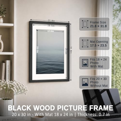 Image of VCK 20x30 Picture Frame 5 Pack, Black Exclusive Wood 18x24 Mat, for Print