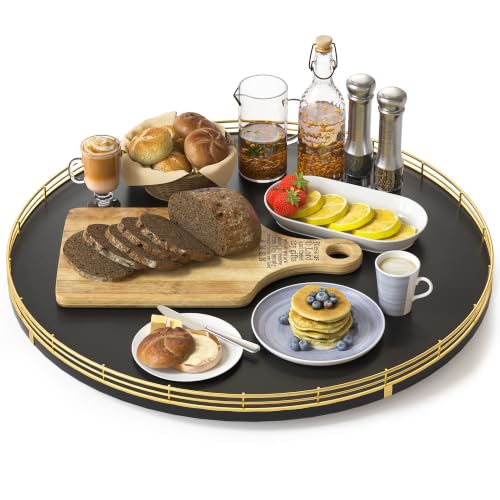 Image of Oroyutor 18 inch Oak Wooden Lazy Susan Turntable for Dining Table, Large Round Lazy Susans Organizer for Kitchen Countertop, Tabletop 360Rotating Tray for Spice Organization Gold Black Home Decor