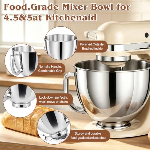 5QT Stainless Steel Mixing Bowl with Handle for KitchenAid Stand Mixer - image 5