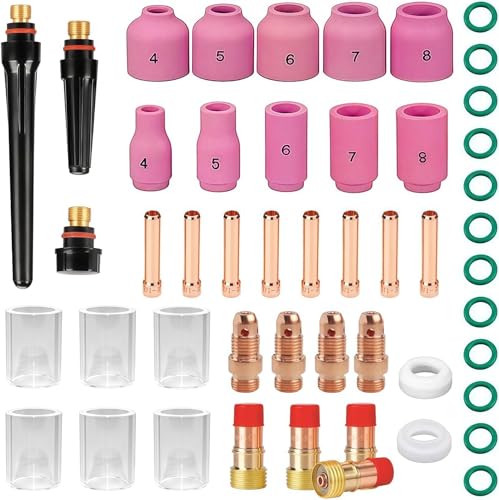 49 Pezzi Accessori per Saldatrice TIG Alluminio AC DC, Kit TIG Torcia TIG con Ugelli in Allumina, Lenti e Torcia Strumenti, Saldatura, Anello Silicone, Tazze a Gas, per Torcia per WP-9/17/18/26