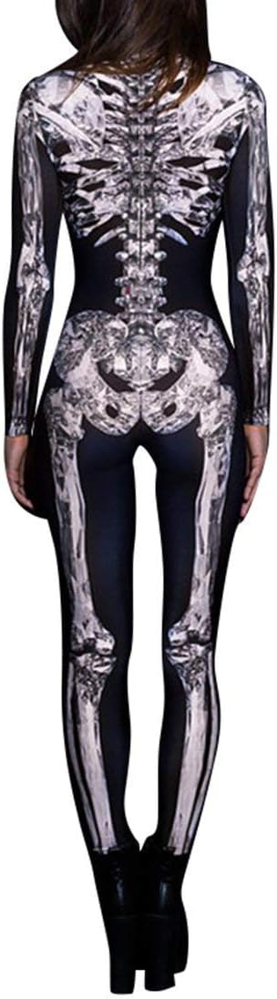 Womens Skeleton Printed Cosplay Tight Catsuit Costume Halloween S/M