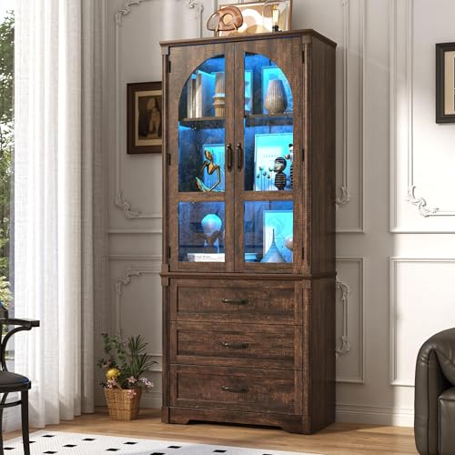 75" Tall Farmhouse Kitchen Pantry Cabinet with LED Lights,Wood Storage
