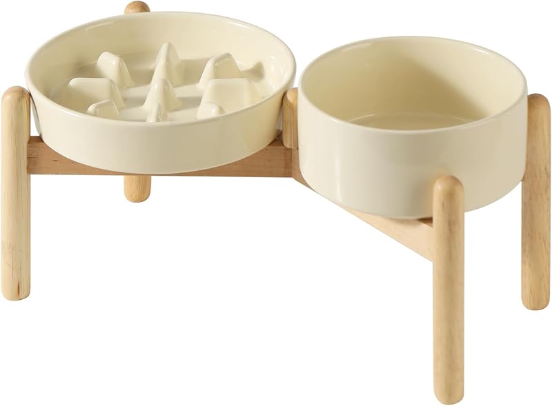 Comedouro lento elevado para cães em cerâmica Havniva com suporte de madeira, 18,5 cm