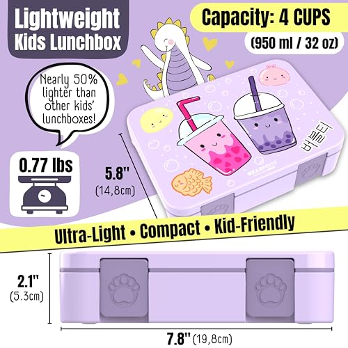 Image of BEARFOOT Kids Lunch Box with Compartments - Compact & Lightweight | Leak-Proof, BPA-Free, Dishwasher Safe | Hand-Drawn Design for Preschool, School, Travel (BubbleTea Purple, 4 Cups)