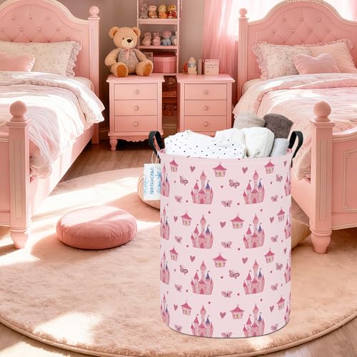 Image of Round Laundry Basket Collapsible Storage Hamper Pink Castle | Waterproof Canvas Foldable Baskets with sturdy Handles Multi-scene Organizer for Home Play Bedroom Gift Bin