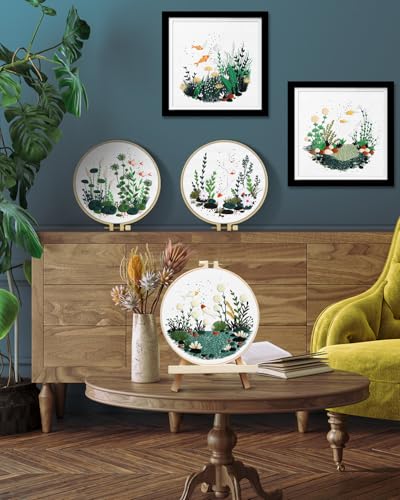 Image of TINDTOP 5 Pack Embroidery Kit for Adult, Embroidery DIY Starter Kit | with Fish World Stamped Patterns, Hoop, Tools, Colorful Threads with Needles, Instructions