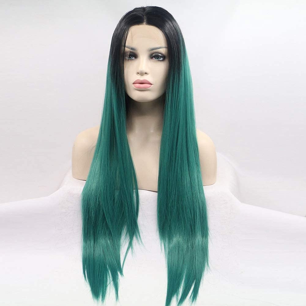 Perruque femme avant dentelle cheveux longs verts et lisses