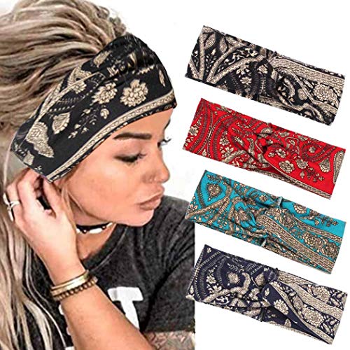 Bmadge Boho Criss Cross Headbands Breathable Head Wraps Non Slip Elastic Hairband Strech Sweat Headpieces Floral Workout Head Scarfs for Women and Girls 4Pcs
