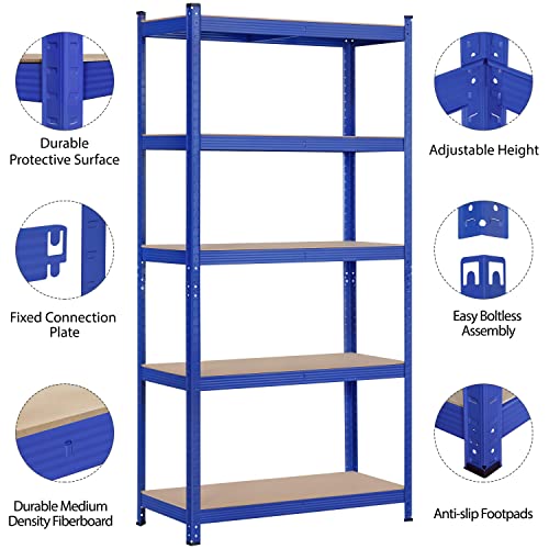 Topeakmart TP-00119873 2Pcs 5-Tier Utility Shelves, Metal Storage Shelves Garage Shelving Unit Adjustable Garage Storage Shelves Storage Racks Heavy Duty Shed Shelving- Blue thumb #3