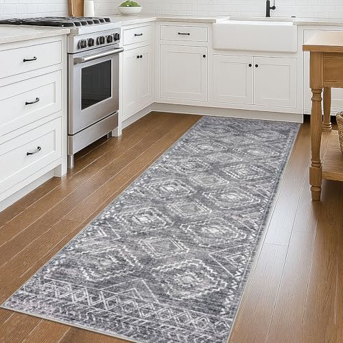 KILOCOCO Hallway Runner Rug 3'x8' Runners for Hallways Washable Runner Rug Non Slip Rubber Backed Low-Pile Runners for Bedroom Kitchen Living Room Laundry Room Boho Rugs, Grey