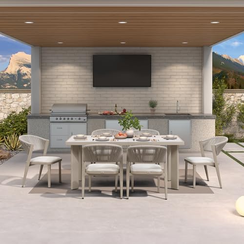 Image of PURPLE LEAF Outdoor Dining Set for 6 with HPL Table and Chairs Champagne