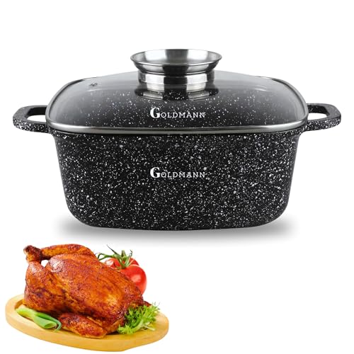Goldmann 24cm Quadratischer Alu-Guss Bräter (4.5L), Glasdeckel,...