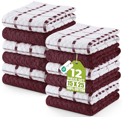 Utopia Towels - Kitchen Towels 12 Pack, 15 x 25 Inches, 100% Ring Spun Cotton Super Soft and Absorbent Linen Dish, Tea and Bar Towels Set, Burgundy