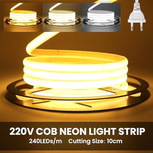 Wisada Anschluss an AC220-240V COB Stripe, Schnitt alle 10cm, Innen COB Band Selbstklebeband mit Stecker,240LEDs/m Flexible Superhell CRI≥85 LED Streifen für Weihnachten (Warmweiß，5m)