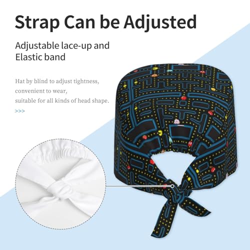 Image of Cute Pug Dog Print Working Cap Scrub Cap with Sweatband,Adjustable Fashion Bandage Tie Back Hat Headwear for Women Men