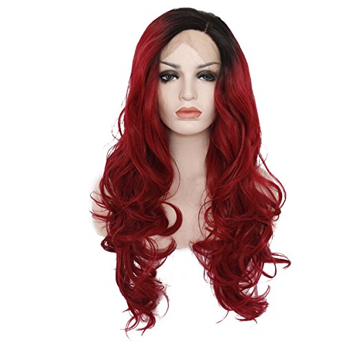 Ebingoo Ombre Red Lace Front Wig with Dark Roots Side Part Long Body Wave Synthetic Hair Replacement Heat Resistant Wig 24 Inch