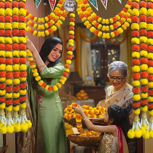 Image of DIYANA IMPEX Marigold Garland for Decoration 5 Pcs of 5 feet Long Strands Artificial Marigold Flowers with Bell, Indian Decor for Pooja /Diwali /Wedding /Christmas (Yellow + Orange + Green)
