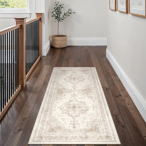 Runner Rug 2x6 Cream Hallway Washable Beige Carpet Non Slip Vintage Medallion Beige Carpet Low Pile Soft Distressed Retro Indoor Long Rug for Entryway Kitchen Bathroom Laundry Bedroom