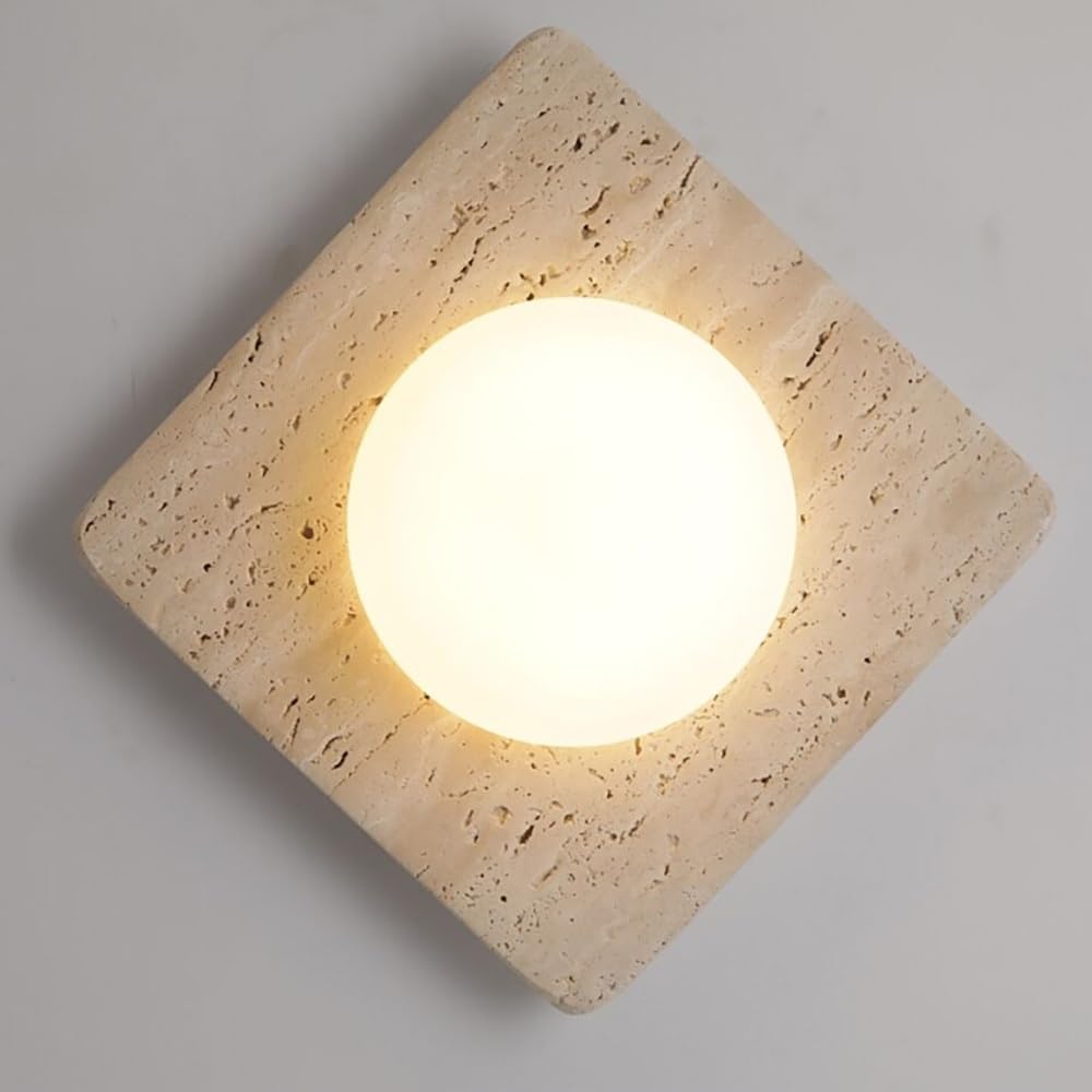 COSRUB Minimalist Square Stone Wall Lights, Yellow Travertine Wall Sconce with Glass Ball Dimmable Full Spectrum Cream Wall Lamps for Living Room Bedside Hallway