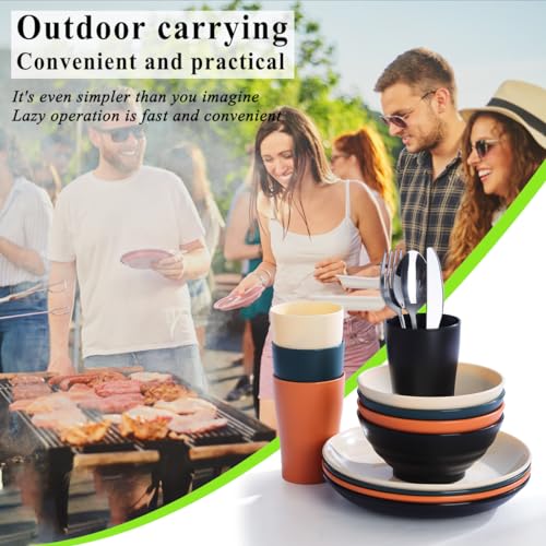 Kyraton Camping Besteck Set, wiederverwendbarer Leichter Becher, Schalen, Teller und Edelstahlbesteck mit schwarzer Tasche, spülmaschinenfest
