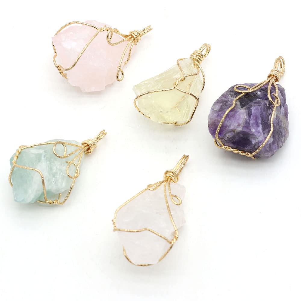LHJ 6 Pcs Natural Raw Crystal Pendants Irregular Reiki Healing Energy Stone Copper Wrapped for Jewelry Making Necklace Meditation Balance