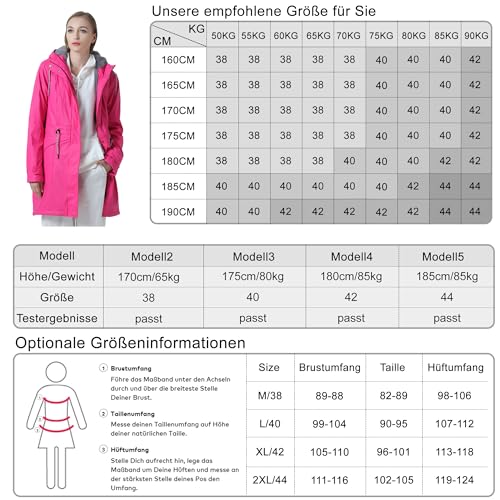 rhythm of the rain Regenjacke Damen mit Warm gefüttert Winterjacke Damen wasserdicht PU Regenmantel Friesennerz übergangsjacke mit Kapuze Rose 44