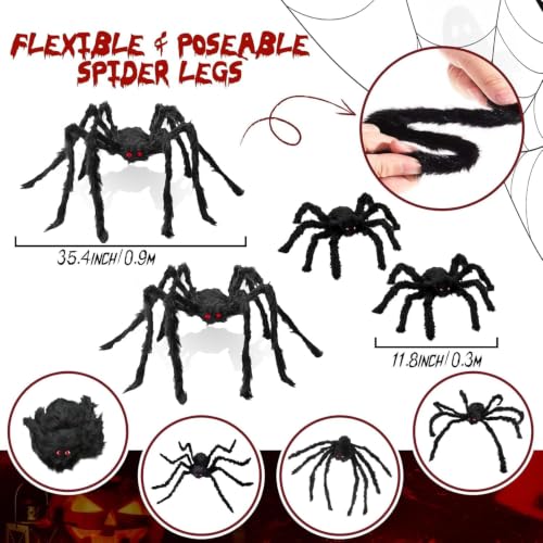 Image of Giant Spider 2.46 Ft, 4 Packs Halloween Decorations Fake Halloween Decor Spiders Large, Furry Spiders for Outdoor Indoor Yard Home Costumes Party House Decor, 2.46Ft*2 /0.98Ft*2