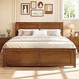 Giantex Wood Queen Size Bed Frame with Headboard, Farmhouse Solid Platform Bed w/Wooden Slat Support Mattress Foundation, Under-Bed Storage, No Box Spring Needed, Walnut