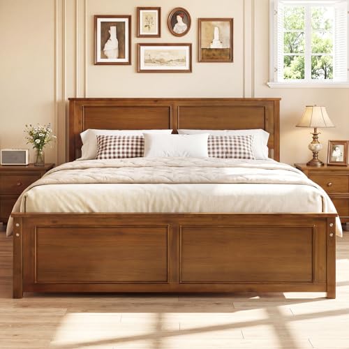 Giantex Wood Queen Size Bed Frame with Headboard, Farmhouse Solid Platform Bed w/Wooden Slat Support Mattress Foundation, Under-Bed Storage, No Box Spring Needed, Walnut