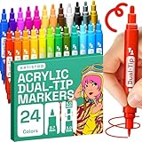 ARTISTRO 24 Dual-Tip Acrylic Paint Markers - Medium + Fine Tip Combo - 22 Bright Colors + 2 Metallic Chrome Paint Pens