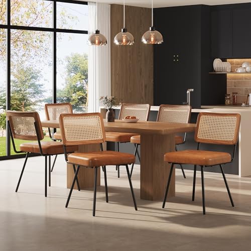 Hmdpoo Sillas de Comedor de Cuero Sintético, Set de 6, Estilo Retro con Respaldo de Ratán, Marrón, Metal y PU, 61x46x79cm