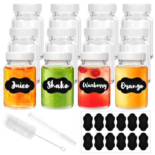 WuGU 12pcs Botes Cristal Pequeños, 60ml Mini Botellas de Cristal, Frascos de Vidrio con Tapa, Botellas de Vidrio con Pincel, Etiquetas y Bolígrafo, para Leche, Jugos, Aceites, Licores y Salsas