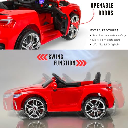 Image of MEKASHI Electric Ride-On Car for Kids 1-7 Years, 12V Battery, Remote Control, 5 Speed, LED Lights, Bluetooth, Red