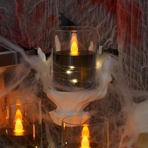 Image of Flameless Flickering 3 inch x4 inch 5 inch 6 inch Clear Plastic Black 11-Key Remote Candles with Light Strings, LED Battery Operated Cycle Timer Pack of 3 Candles for Halloween Festival Decor