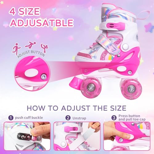 Image of Girls Roller Skates for Little Kids Toddler Ages 5-8 4 5 6 7, 4 Size Adjustable Rainbow Unicorn Quad Skates with All Light Up Wheels - Best Birthday Gift for Outdoor Sports