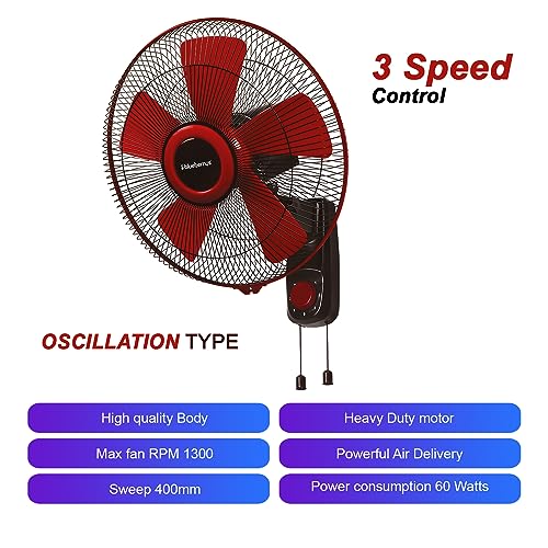 Image of Blueberry's 𝓞𝓩𝓞𝓝 16-Inch 5-Leaf High Speed Wall Fan, 400mm Sweep, Powerful Motor with Oscillation Control, 2-Year Warranty -Red Black