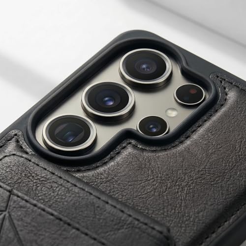 Image of amazon basics Premium Vegan Leather Back Cover with Card Holder and Integrated Mobile Stand for Samsung Galaxy S26 Ultra 5G - Slim Shockproof Wallet Case with Geometric Stitching [Black]