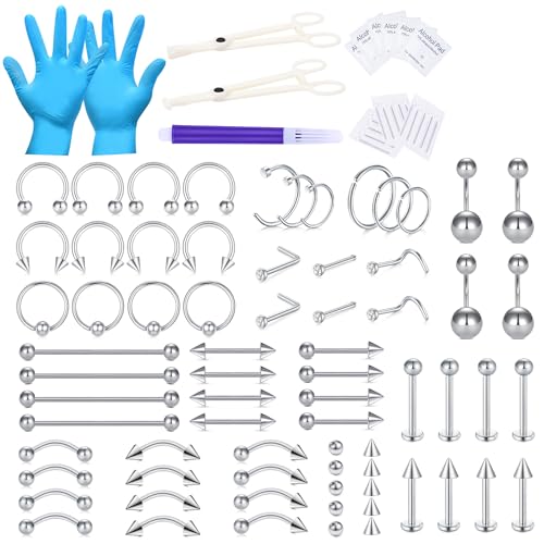 WillTen Kit de Piercing 100 Piezas, Agujas 12G 14G 16G para Nariz, Septo, Ombligo, Labio, Lengua, Cartílago, Oreja, Tragus, Helix con Joyería