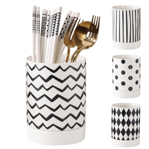 ELECTRO-WEIDEWORLD 箸立て おしゃれ 陶器製 箸スタンド 箸水切り お箸・スプーン・フォーク収納 セラミックス キッチン箸立て ツール立て キッチン カトラリー スタンド 食器 器具 キッチン収納 (波線)