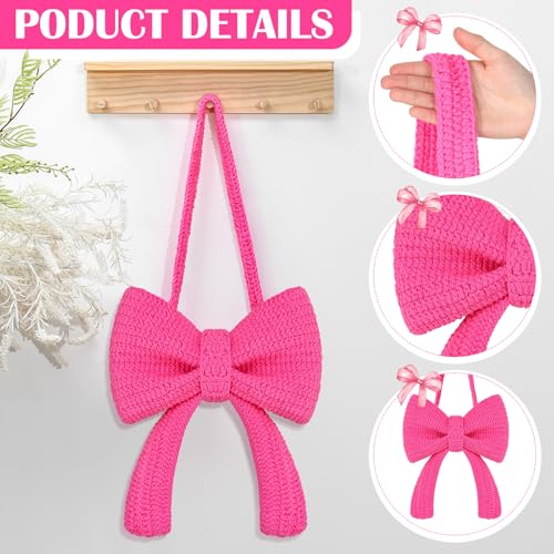 Aliceset Crochet Bow Bag Bright Pink Coquette Beach Tote Bag for Women Cute Aesthetic Knitted Shoulder Handbag Travel Photo Props Gift for Girls Bow Lovers3