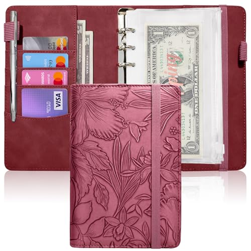 Image of A6 Budget Binder for Money Saving, Budget Planner, Money Organizer for Cash | with 8 Cash Envelopes, Budget Sheets & Rose Gold Category Stickers, PU Leather, Wine Red Embossed Floral