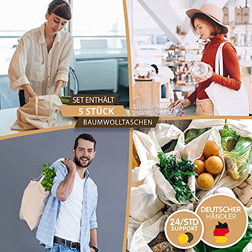 ELES VIDA 5 STÜCK Baumwolltaschen Natur (5er Set 38x42) ORIGINAL ÖKO-TEX® geprüfte Markentasche, Lange Henkel, Jutebeutel, Jute Stoffbeutel, Einkaufstasche, Stoff Taschen aus 100% Baumwollstoff