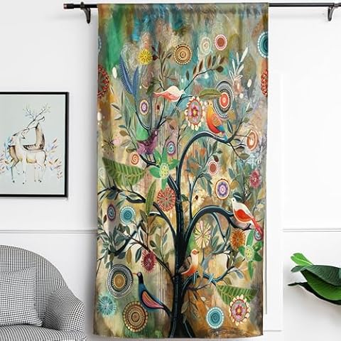 HMS Happy Memories Rod Pocket Door Curtains Thermal Insulated Room Darkening Curtains Blackout Floral Style Drapes Window Curtain 1 Panel for Living Room Bedroom Kitchen (Dark Green Tree, 52"x84") Cover