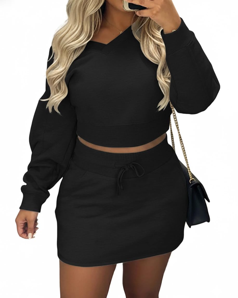 Women 2 Piece Skirt Set Airport Outfits 2026 Sport Wear Travel Sweat Suit Casual Lounge V-neck Sweatshirt Skort Sets-image-14
